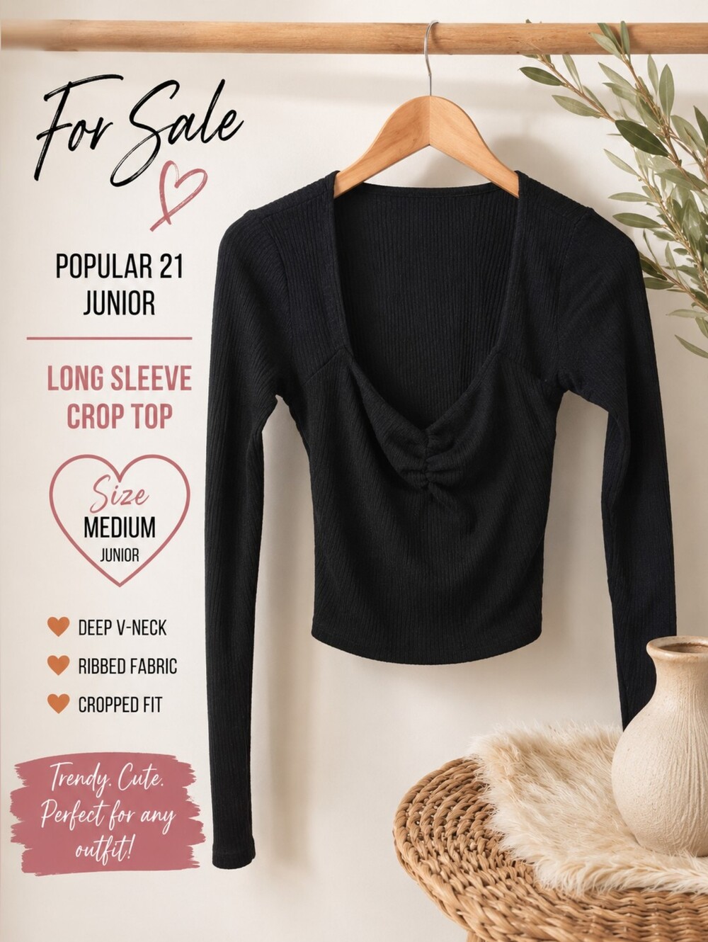 Deep V-Neck Black Ribbed Long Sleeve Crop Top